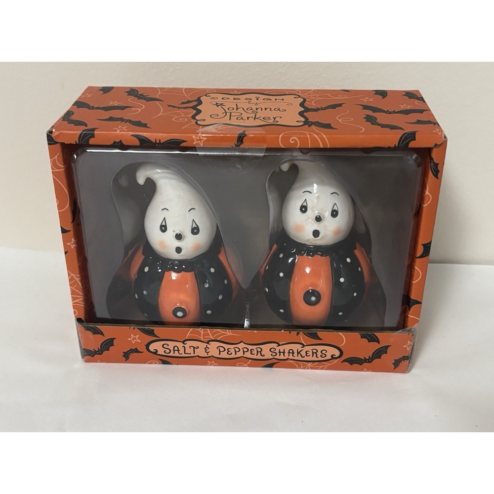 NIB Johanna Parker Ceramic Nostalgia Ghost Salt & Pepper Shaker Set Halloween